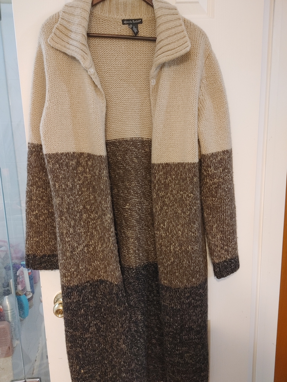 Alexandra Bartlett Long Open-Front Colorblock Cardigan - Cream & Brown